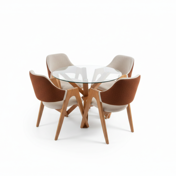 Table à Manger "Scandi-Chic" – Ensemble Verre Trempé et Chaises Bicolores en Tissu