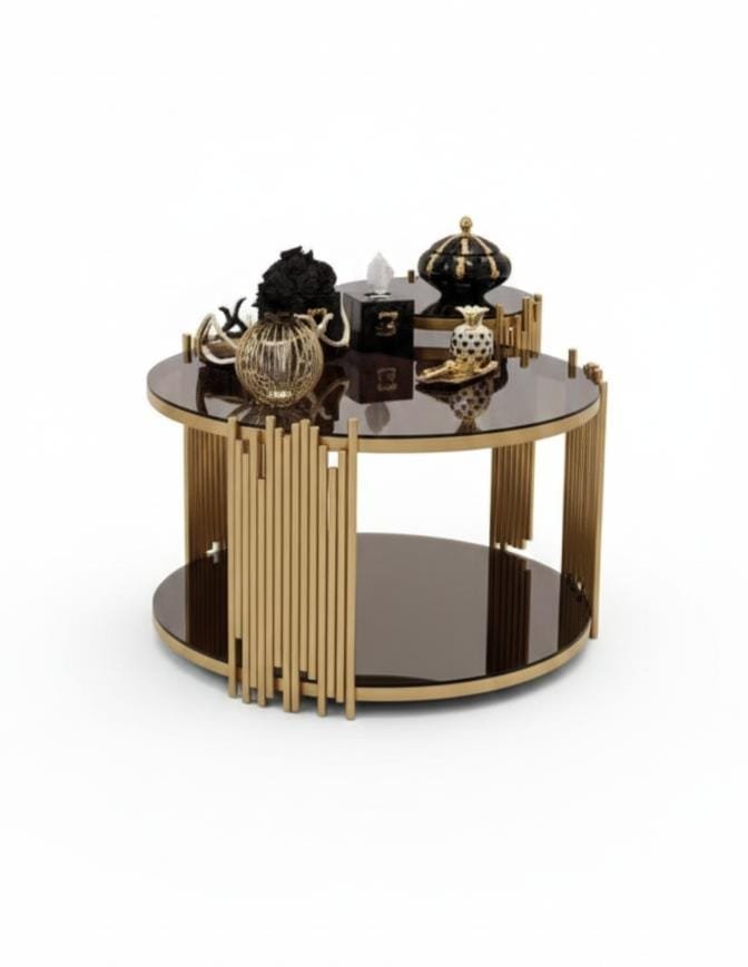 Table Basse de Luxe "Empire" – Design Moderne en Or et Verre Fumée pour Salon Marocain